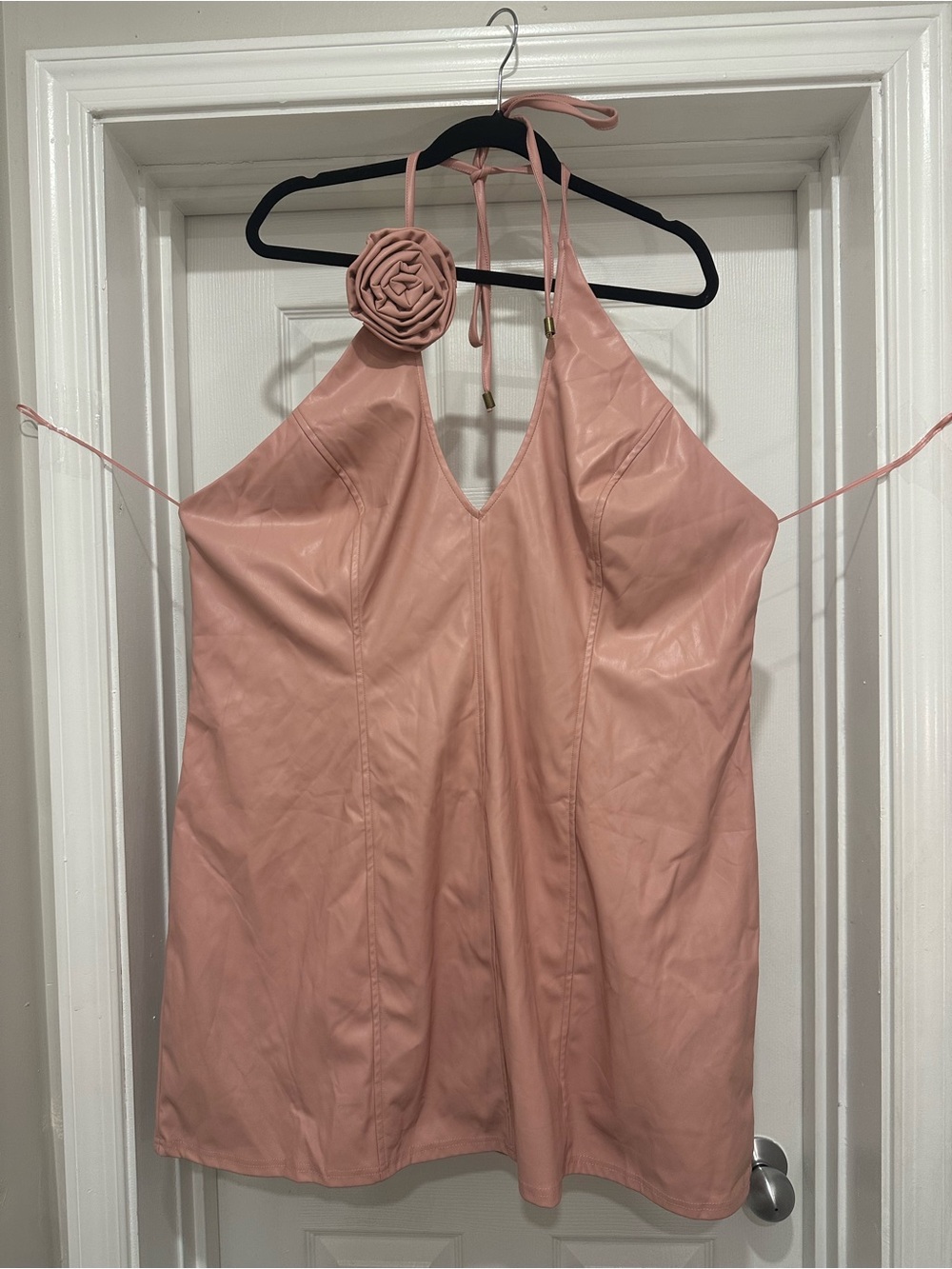 Fashion Nova Pink Faux Leather Mini Dress with Rosette Strap
